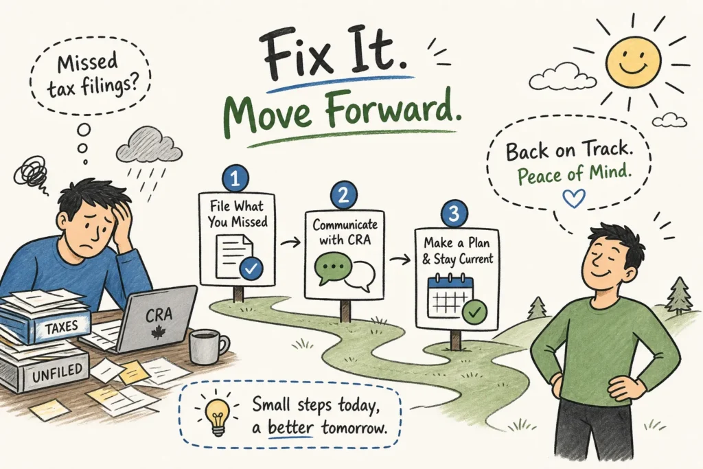 Illustration of a worried person with unfiled tax papers and three signposts: file what you missed, communicate with CRA, make a plan