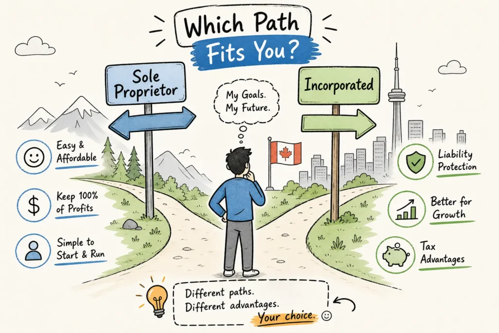Sole proprietor vs incorporated in Canada: a business owner choosing between two paths