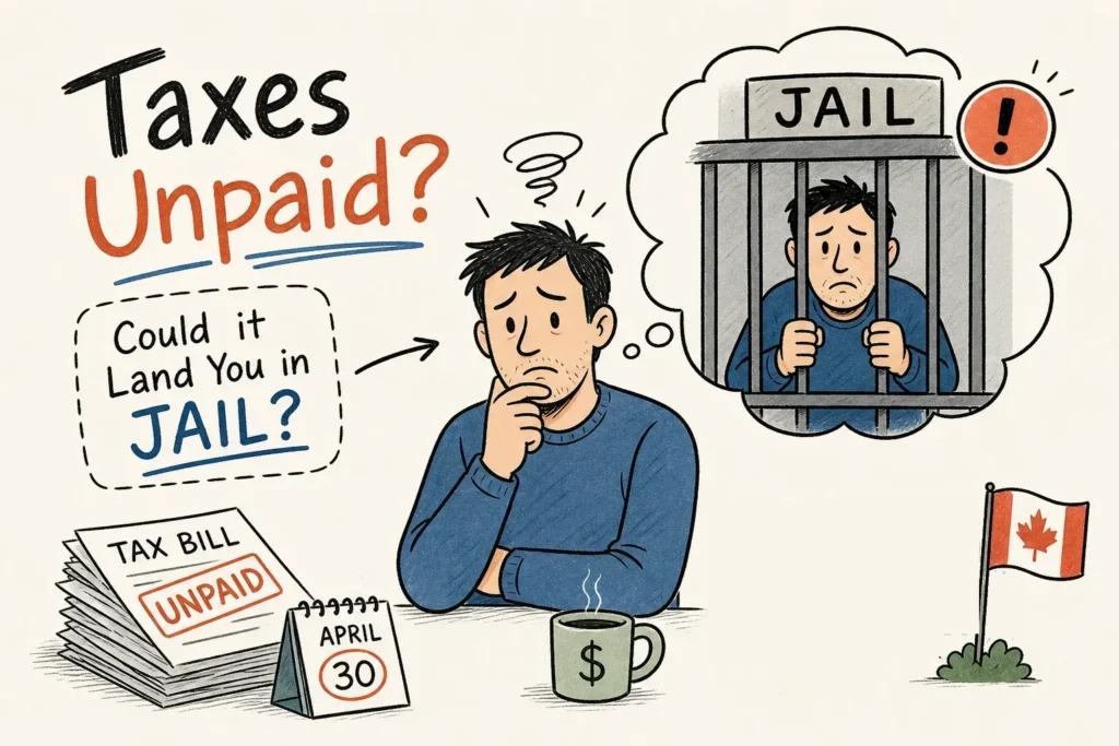 Illustration of a worried man looking at an unpaid tax bill and wondering whether it could lead to jail