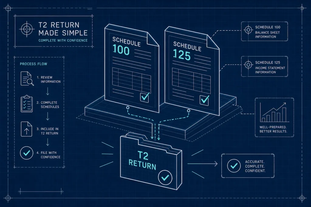 Blueprint-style illustration of T2 Schedule 100 and Schedule 125 forms feeding into a T2 return