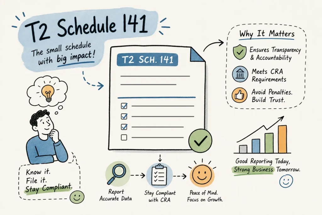 Illustration of a T2 Schedule 141 form drawn as a checklist, with notes on why accurate reporting matters