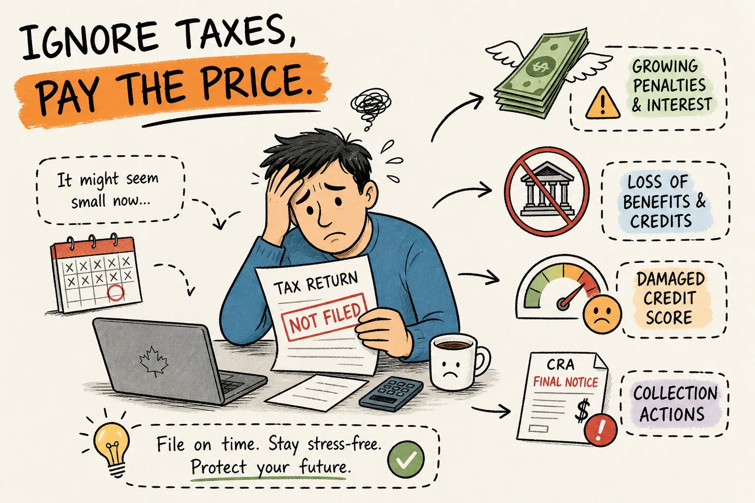 Illustration of a worried man holding an unfiled tax return, with penalties, lost benefits and collection notices around him